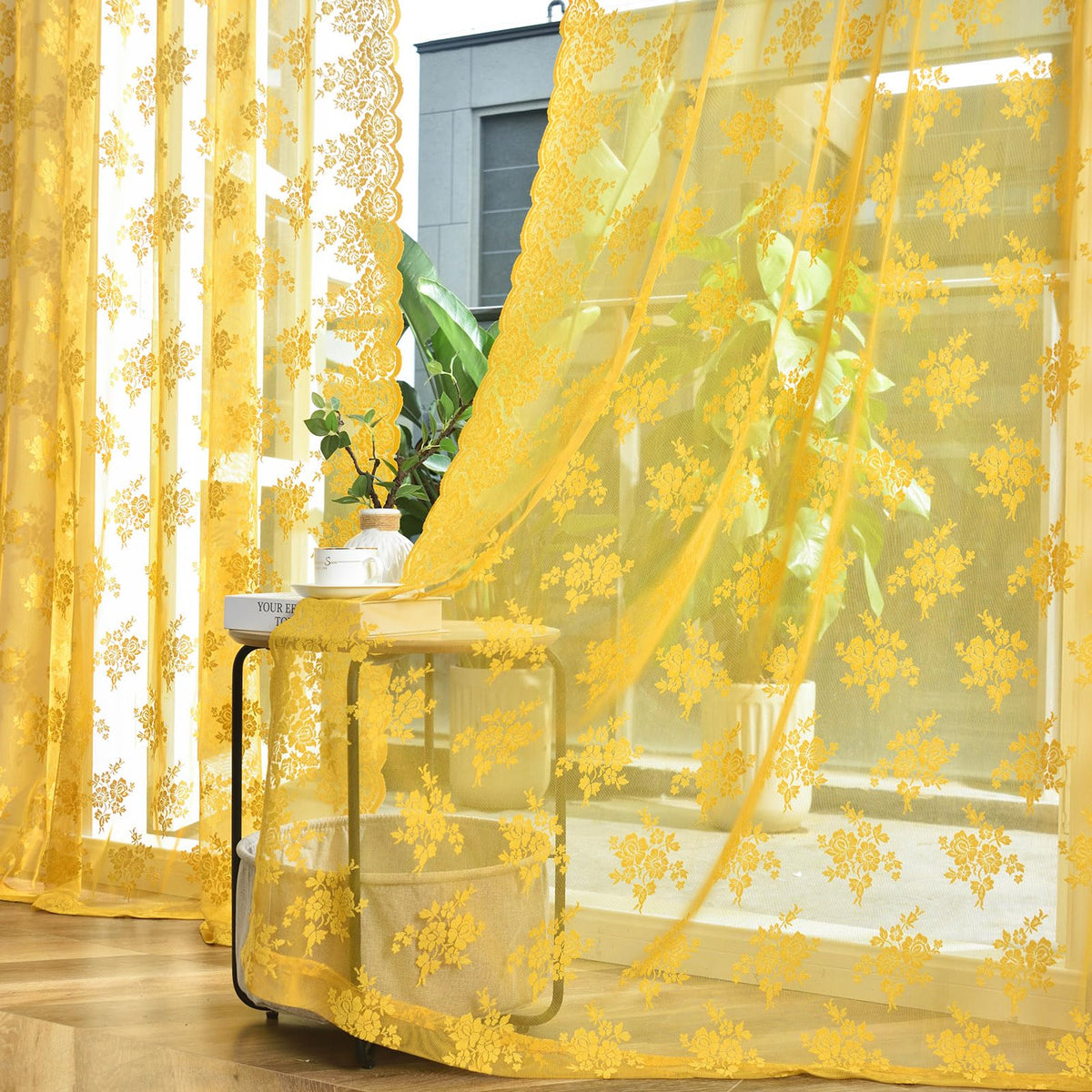Kotile Short Beige Lace Curtains for Kitchen Windows W42xL45 Inch, 2 Panels