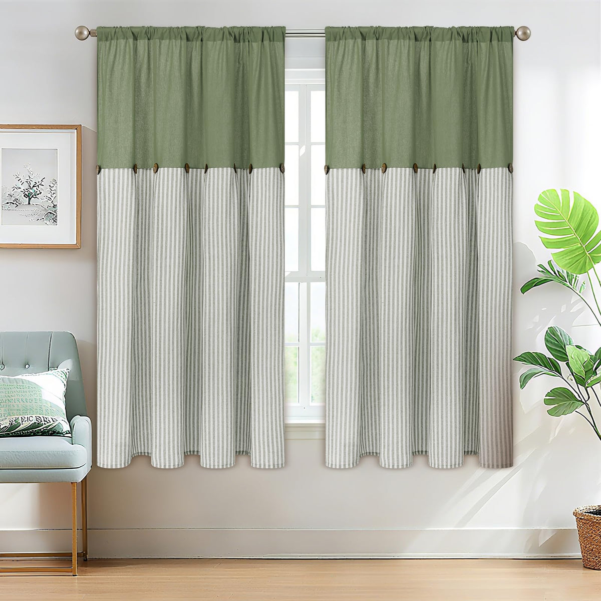 ASPMIZ Cotton Linen Kitchen Valance Curtains, Boho Rustic Button Linen Valances for Windows Farmhouse, Black with Grey Stripe Valance Window Topper Treatment Window Valances for Bathroom, 52 x 18 Inch