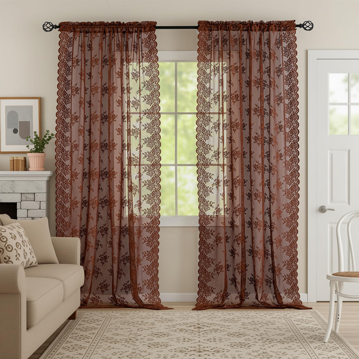 Kotile Short Beige Lace Curtains for Kitchen Windows W42xL45 Inch, 2 Panels