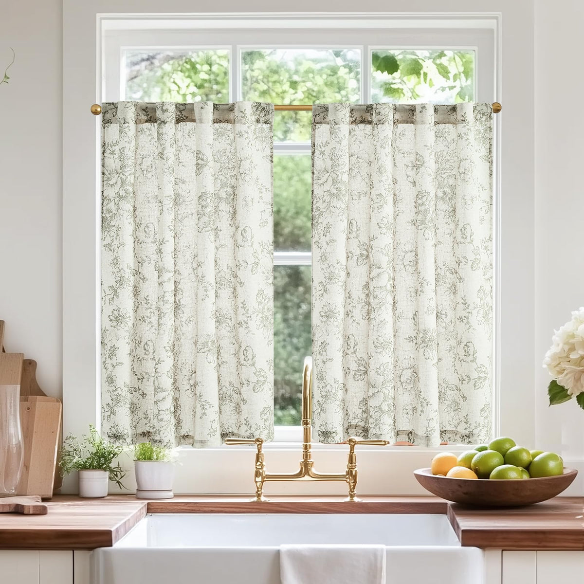 jinchan Hattie Floral Linen Kitchen Tier Curtains Beige 30 in 2 Panels