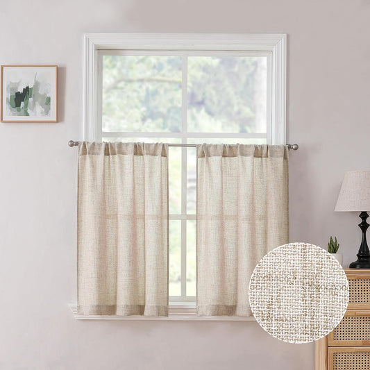 Tollpiz Short Linen Tier Curtains Rod Pocket Semi Sheer Half Kitchen Curtain Burlap Light Filtering Thick Linen Drapes for Bathroom, 30 x 24 inches Long, Natural, Set of 2 Panels