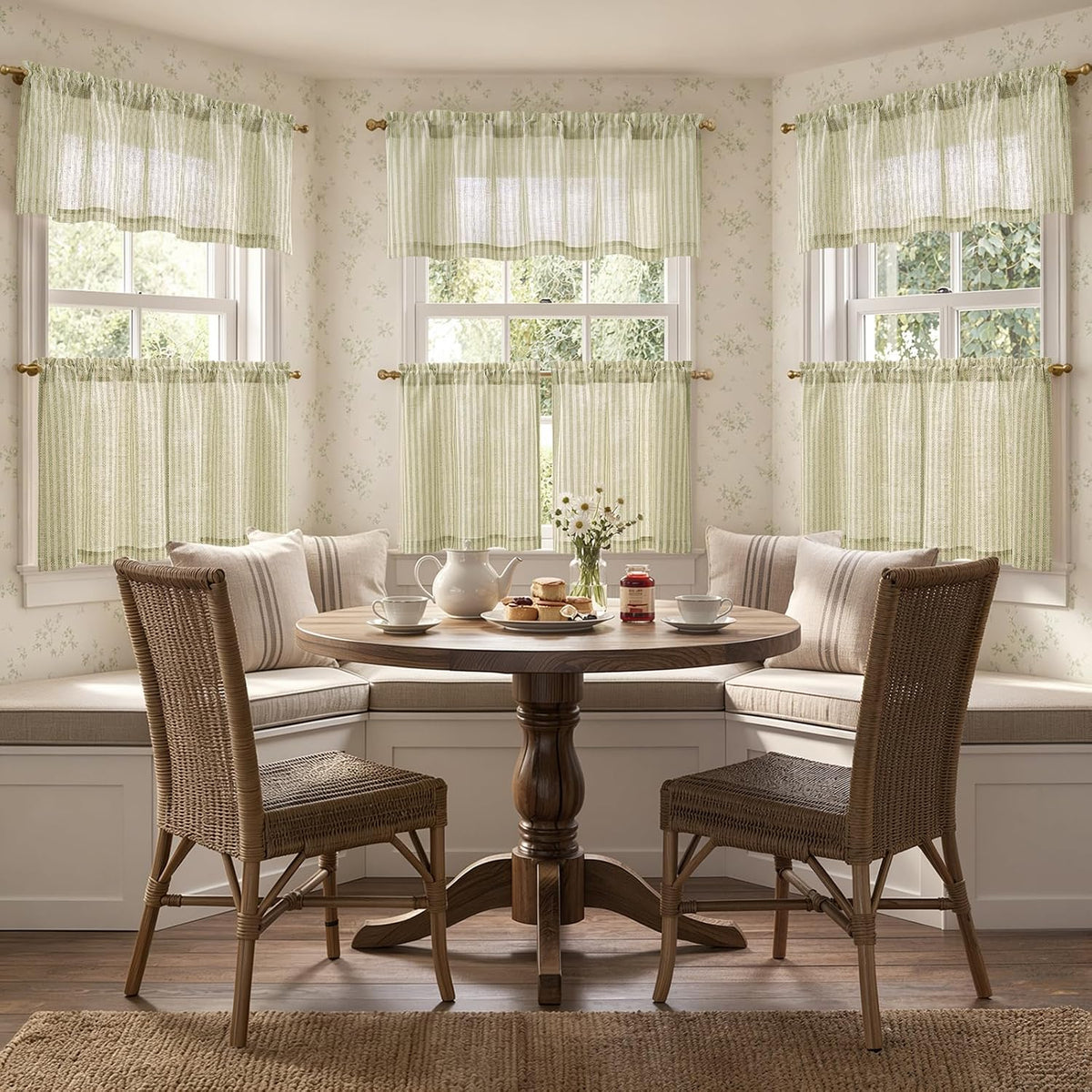 jinchan Sage Green Linen Kitchen Curtains and Valance Set Rod Pocket
