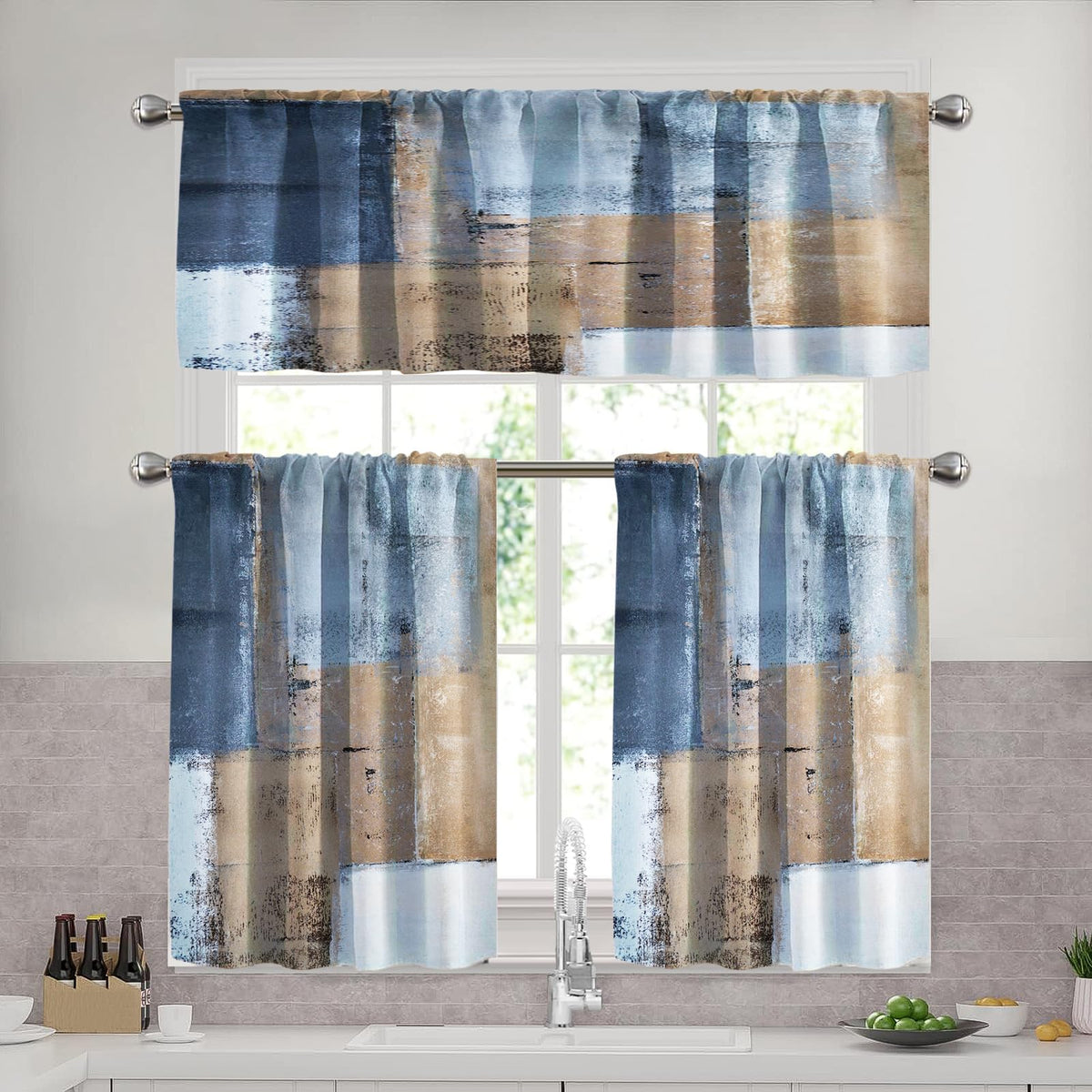 Blue Brown Kitchen Curtains Set, 3 Piece 52x36 Inch Valance & Tier Curtains
