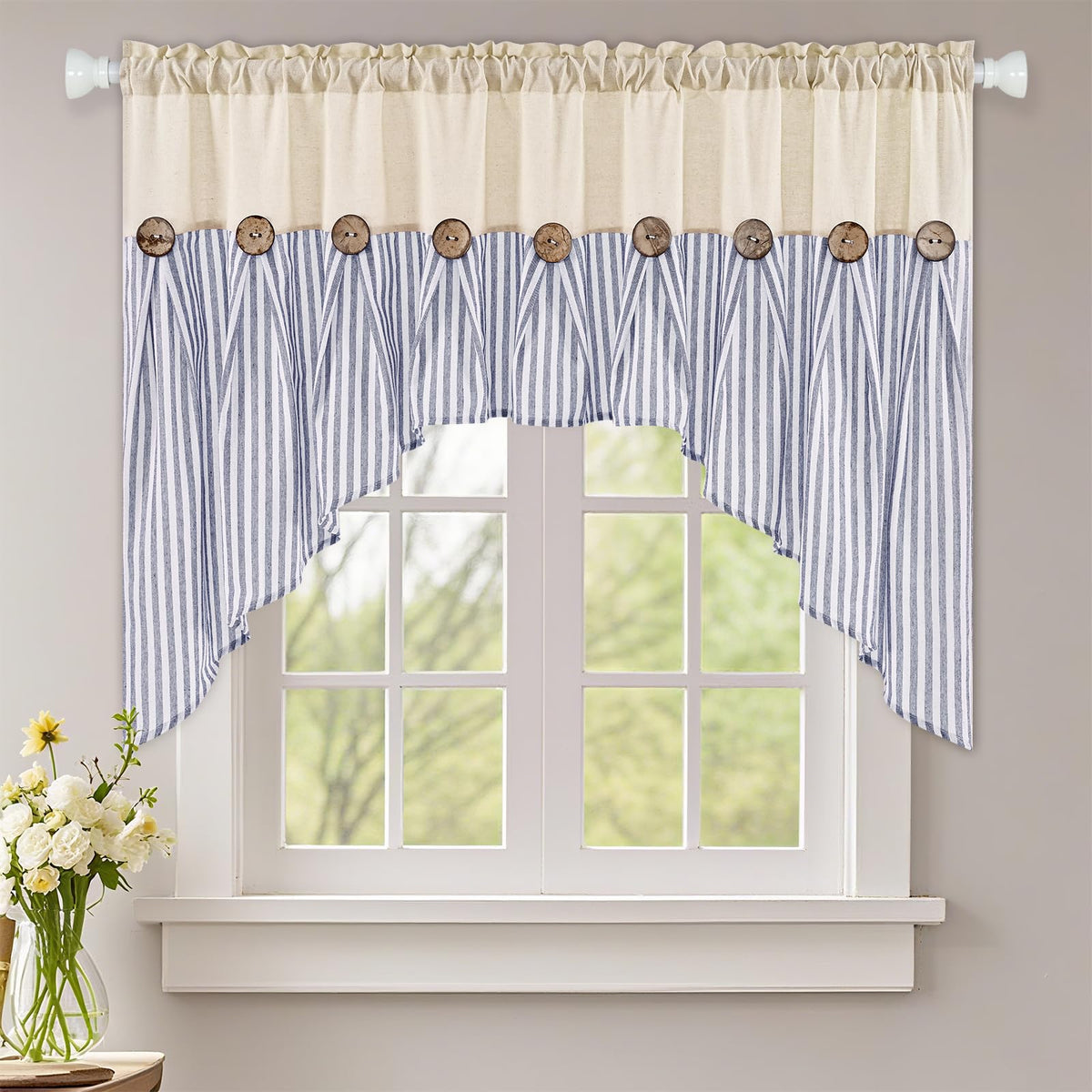ASPMIZ Cotton Linen Kitchen Valance Curtains, Boho Rustic Button Linen Valances for Windows Farmhouse, Black with Grey Stripe Valance Window Topper Treatment Window Valances for Bathroom, 52 x 18 Inch