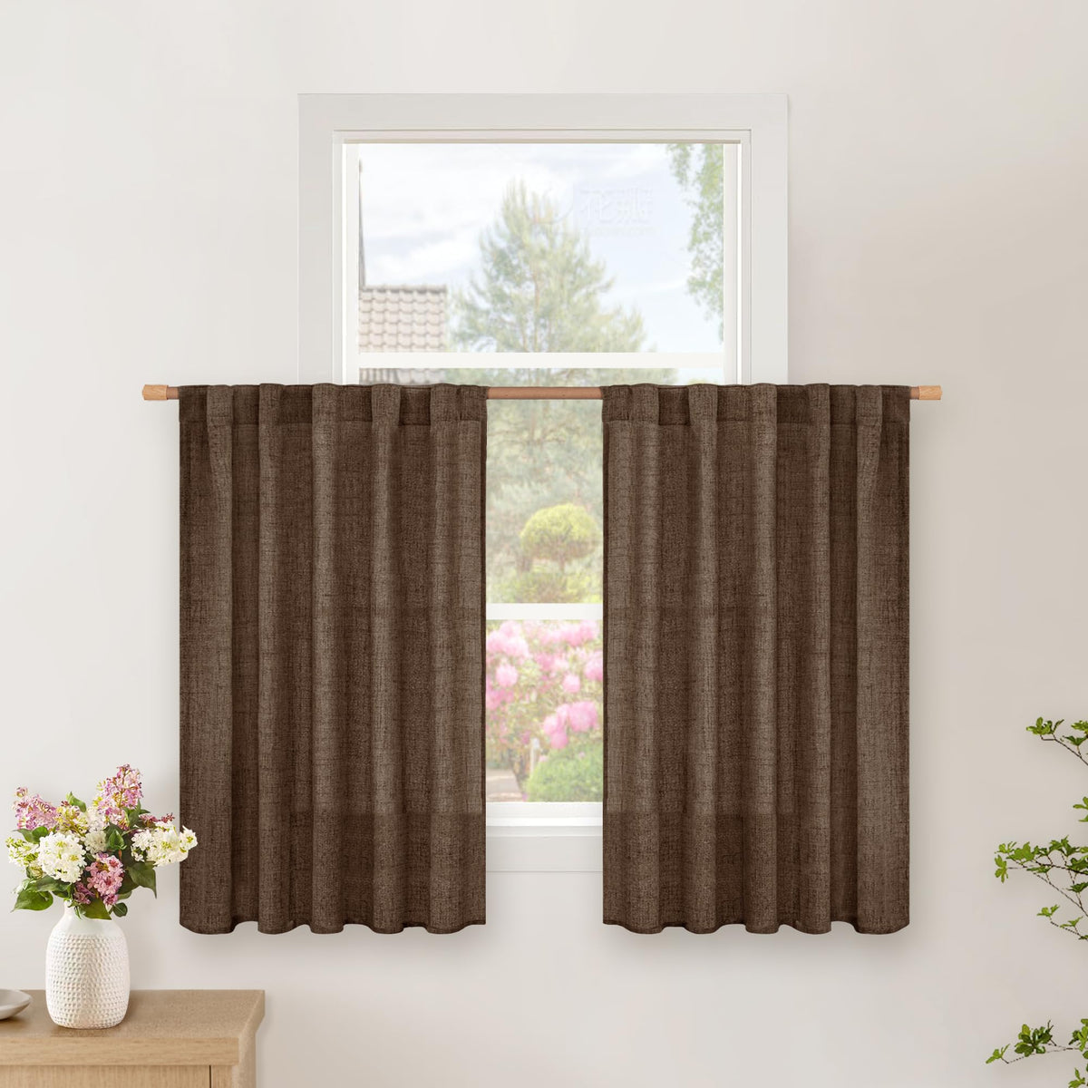 BGment White Linen Kitchen Curtains 40 Inch Length for Short Window