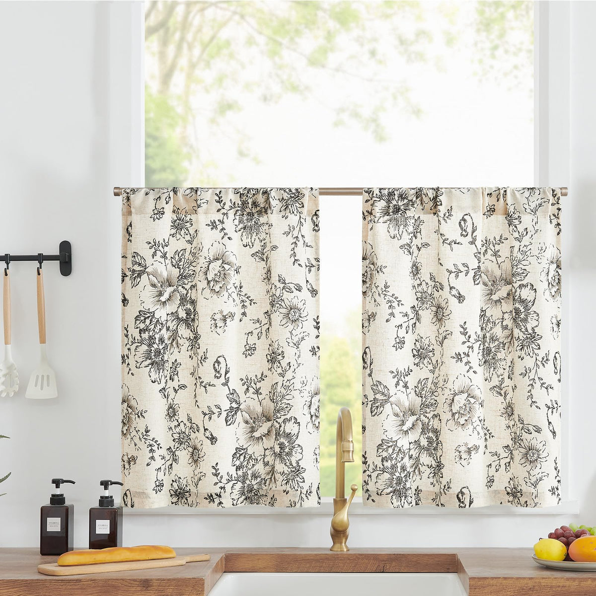 jinchan Hattie Floral Linen Kitchen Tier Curtains Beige 30 in 2 Panels