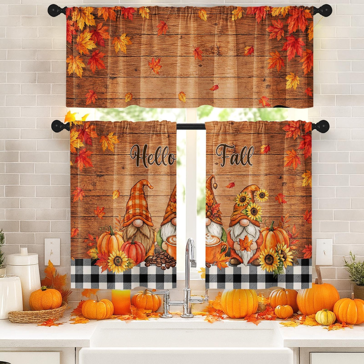 Arttown Fall Kitchen Curtains Sets for Windows, Pumpkin, 52x36 Inch