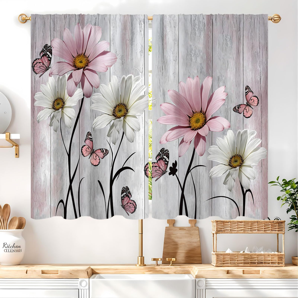 Yellow Sunflower Kitchen Curtains 42W X 63L Inch 2 Panels Rod Pocket Country Rustic Floral Flower Butterfly Farmhouse Over Sink Small Short Cafe Tier Window Treatment Bathroom Decor