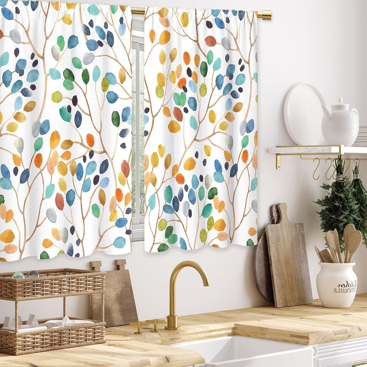 Colorful Leaves Kitchen Curtains Boho Botanical Bathroom Curtains Window Treatment Drapes Tier Flower Floral Cafe Small Bedroom Short French Door Curtains Rod Pocket 2 Panels 27.5x39 Inch