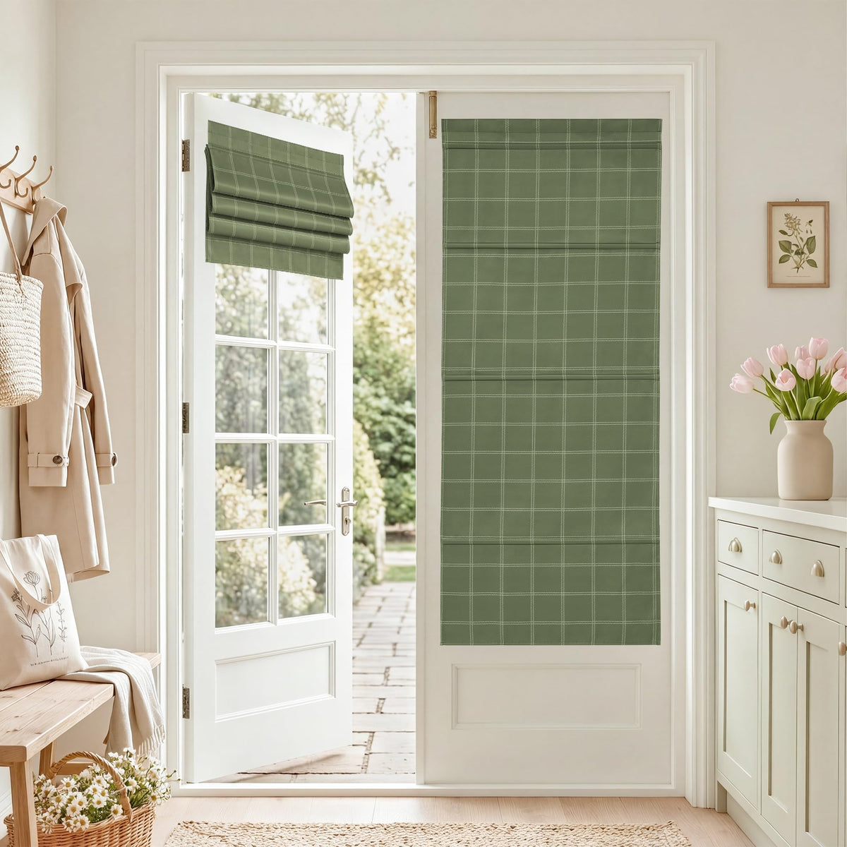 NICETOWN Olive Green Farmhouse Gingham Tiers Kitchen 100% Blackout Curtains