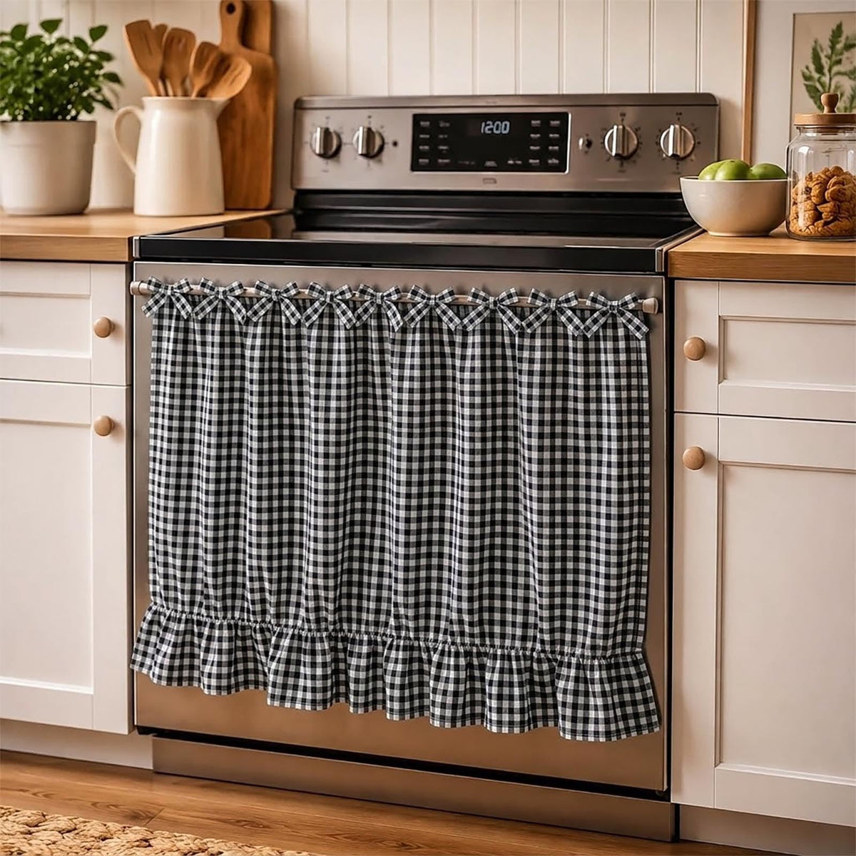 LOSOZO Oat Handmade Oven Skirt for Farmhouse Kitchen Décor, Oven Curtain Tie Top Decorative Cabinet Dish Washer Oven Curtains, Ruffled Fabric Appliance Cover with Ribbon Ties