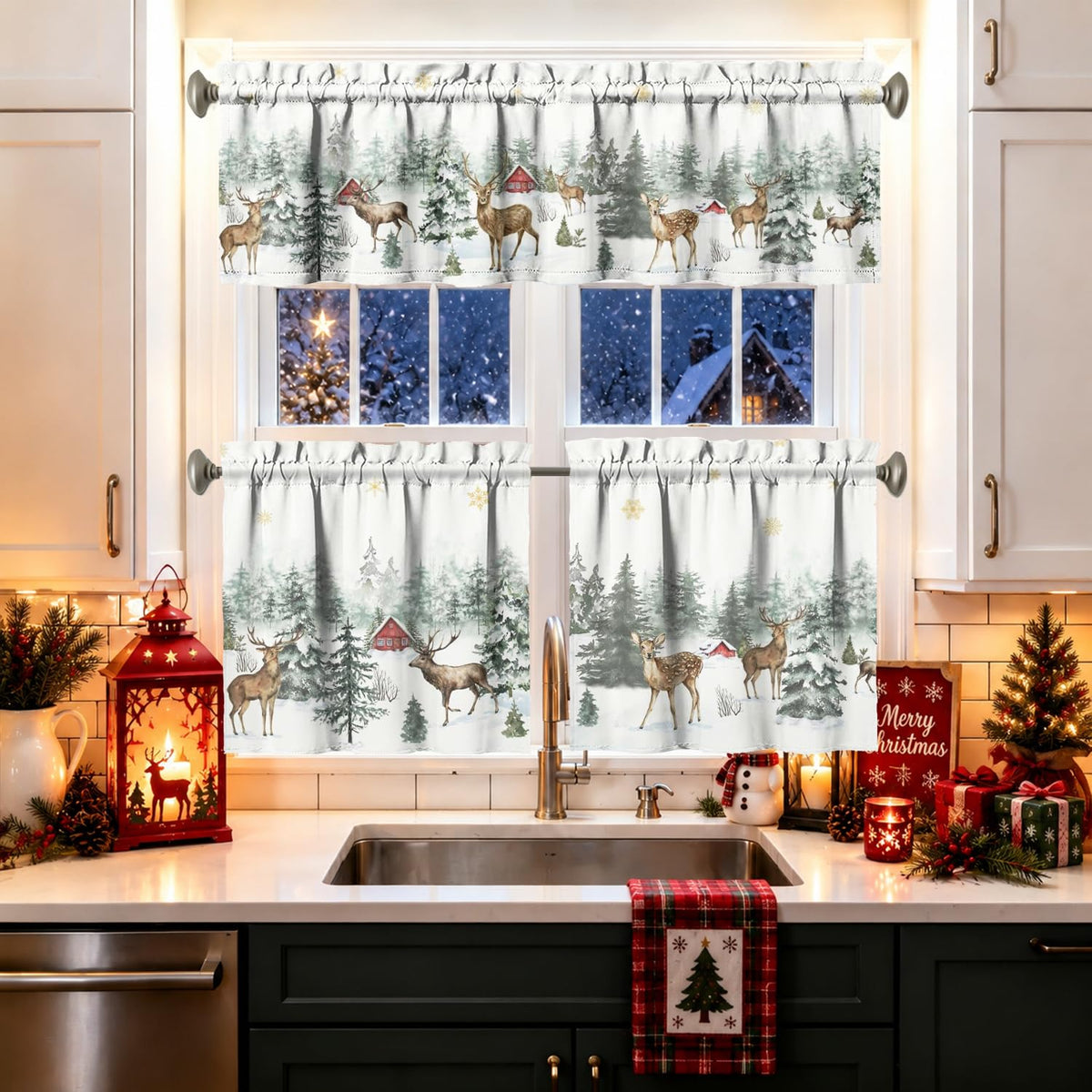 Sage Kitchen Curtain Valance 3 Piece Set, Sage Leaf Floral Kitchen Decor for Home Interior, Farmhouse Style Sink Window Curtains 36 Inch