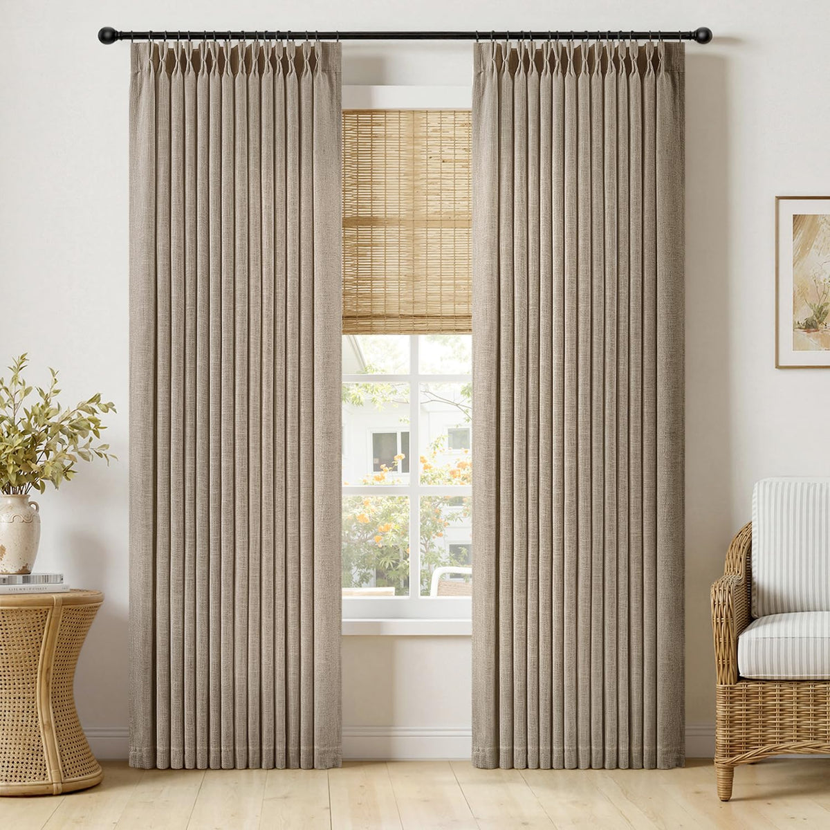 MIULEE Pinch Pleated Thick Linen Curtains 36 Inches Long 2 Panels Natural