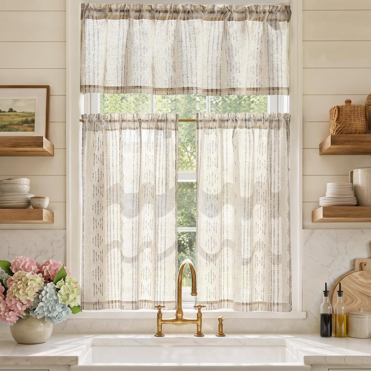 jinchan Sage Green Linen Kitchen Curtains and Valance Set Rod Pocket