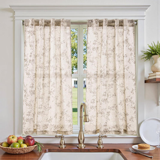 jinchan Floral Linen Kitchen Tier Curtains, 45 Inch, 2 Panels, Taupe