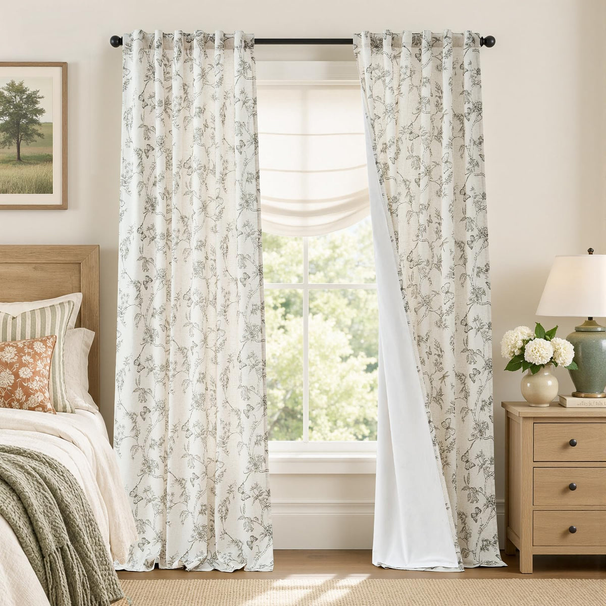 Lazzzy Green Floral Linen Curtains Farmhouse Rod Pocket 50W X 84L 2 Panels