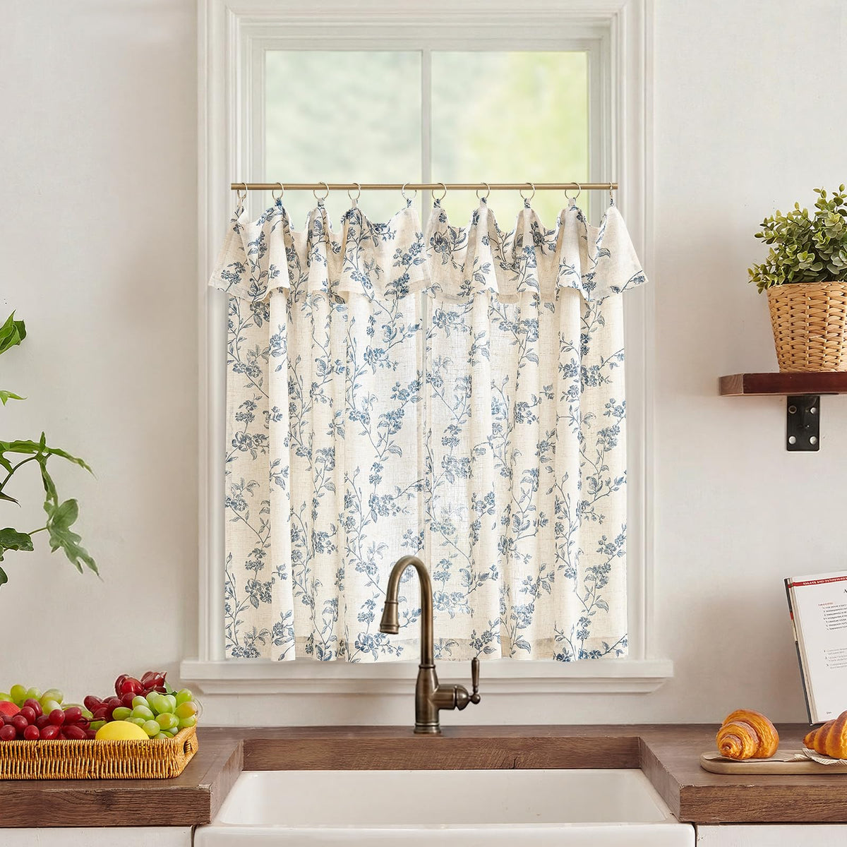 jinchan Floral Linen Kitchen Tier Curtains, 36 Inch, 2 Panels, Taupe