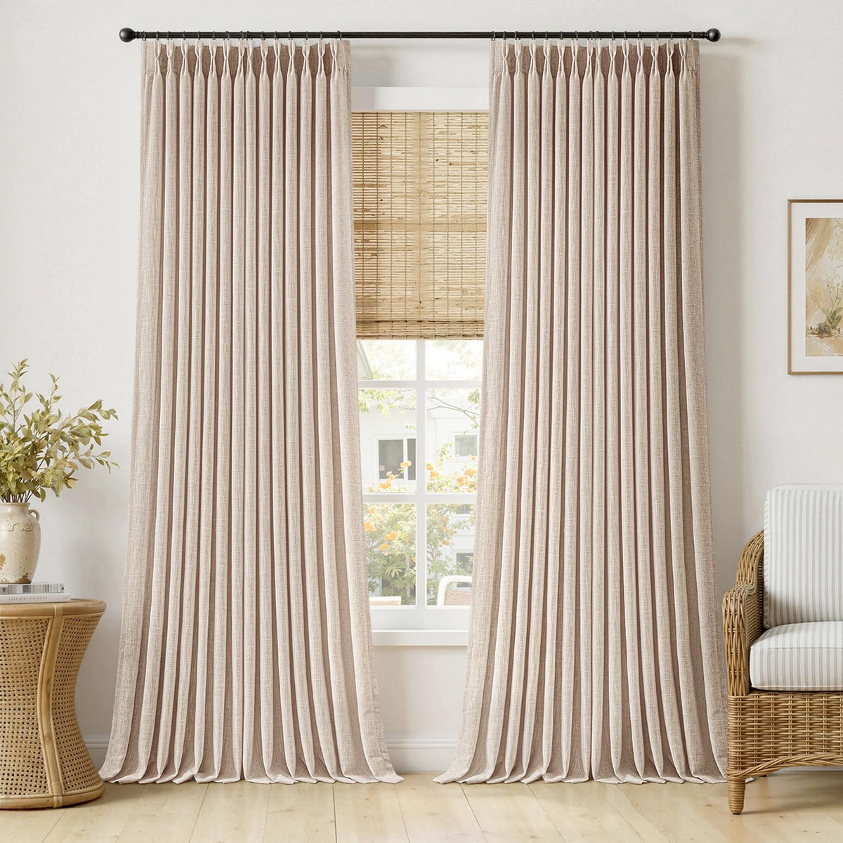 MIULEE Pinch Pleated Thick Linen Curtains 36 Inches Long 2 Panels Natural