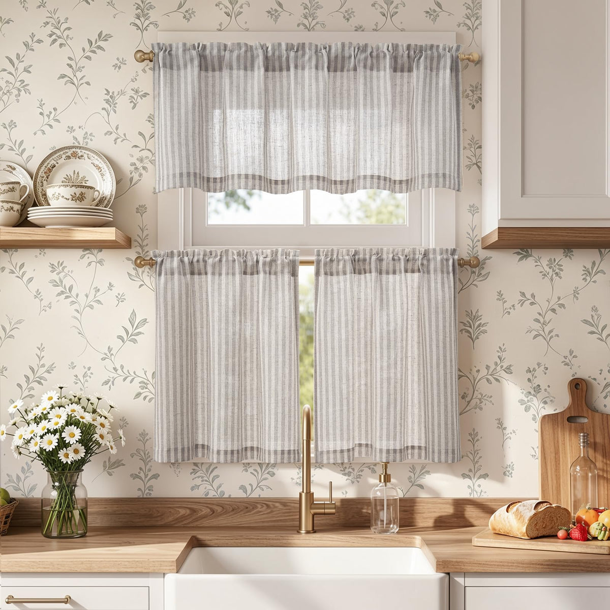 jinchan Sage Green Linen Kitchen Curtains and Valance Set Rod Pocket