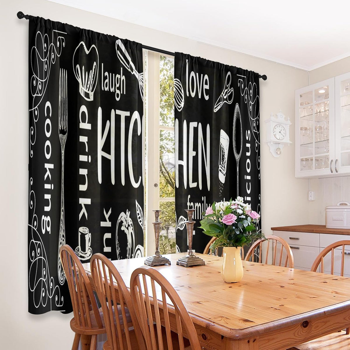 Arttown Kitchen Curtains 63 Inch Length, 2 Pack, Abstract Doodle Modern