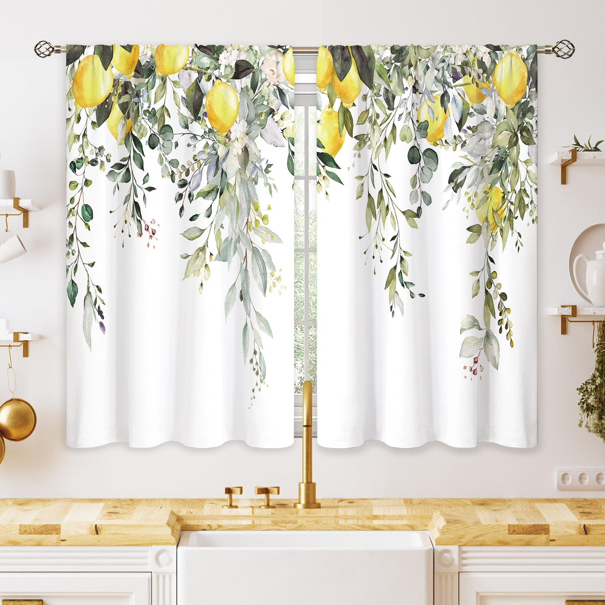 Eucalyptus Botanical Leaves Floral Kitchen Window Curtains Over Sink Boho Farmhouse Flower Leaf Small Window Treatment Sage Green Cafe Short Curtains for Bathroom Tier Drapes 27.5x39 inch