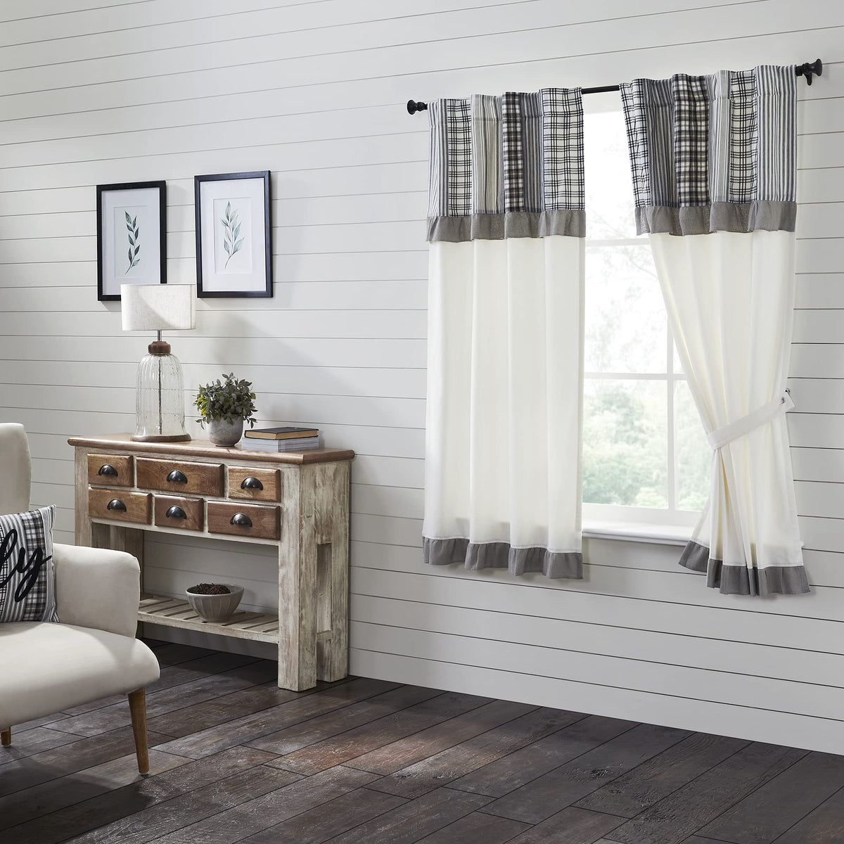 VHC Brands Sawyer Mill Curtain, Panel 63x36, Charcoal Khaki Tan