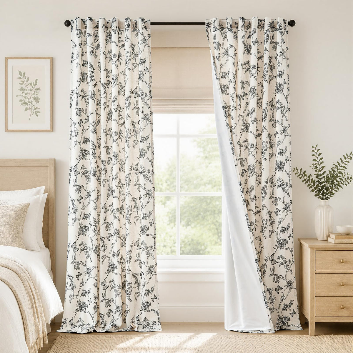 Lazzzy Green Floral Linen Curtains Farmhouse Rod Pocket 50W X 84L 2 Panels