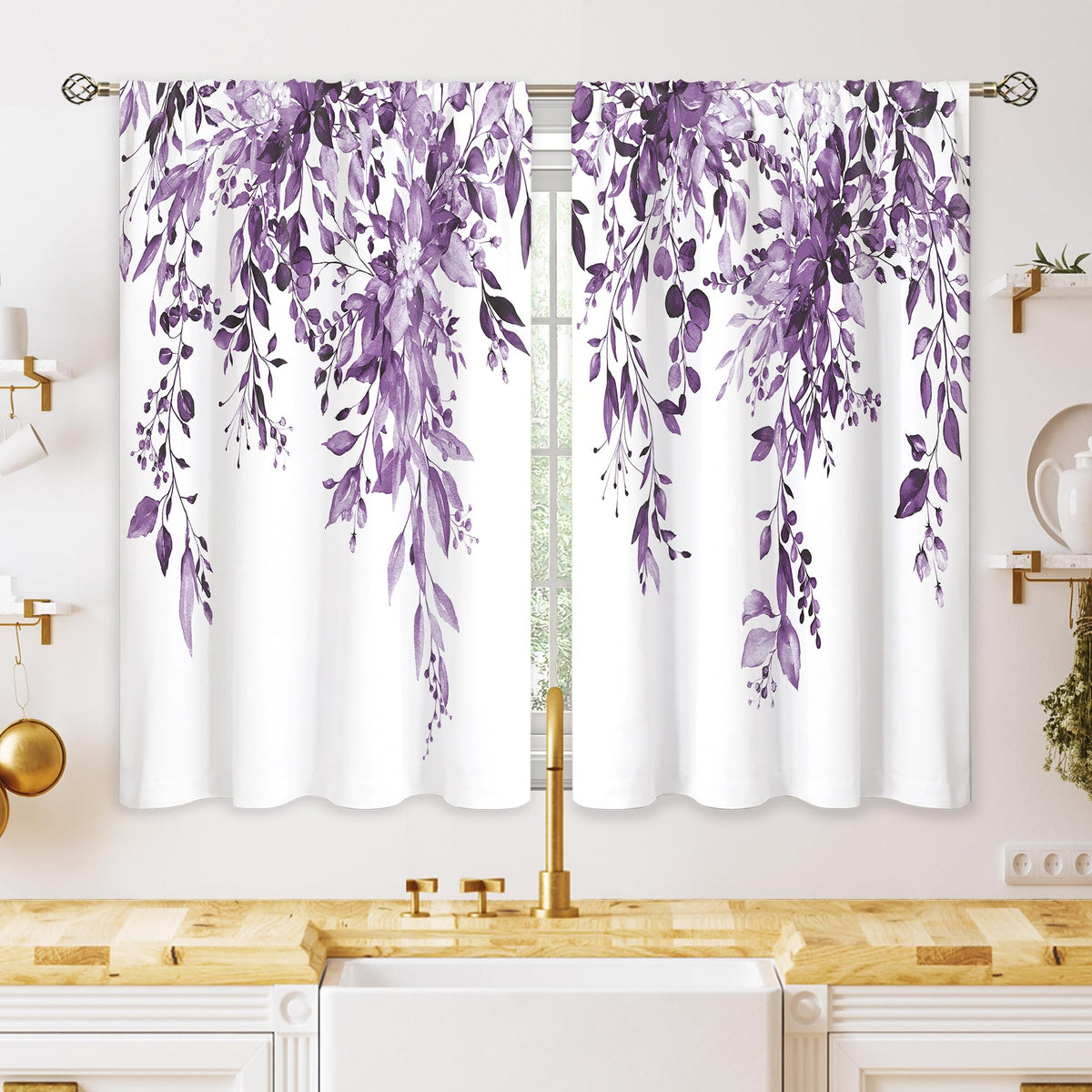 Eucalyptus Botanical Leaves Floral Kitchen Window Curtains Over Sink Boho Farmhouse Flower Leaf Small Window Treatment Sage Green Cafe Short Curtains for Bathroom Tier Drapes 27.5x39 inch