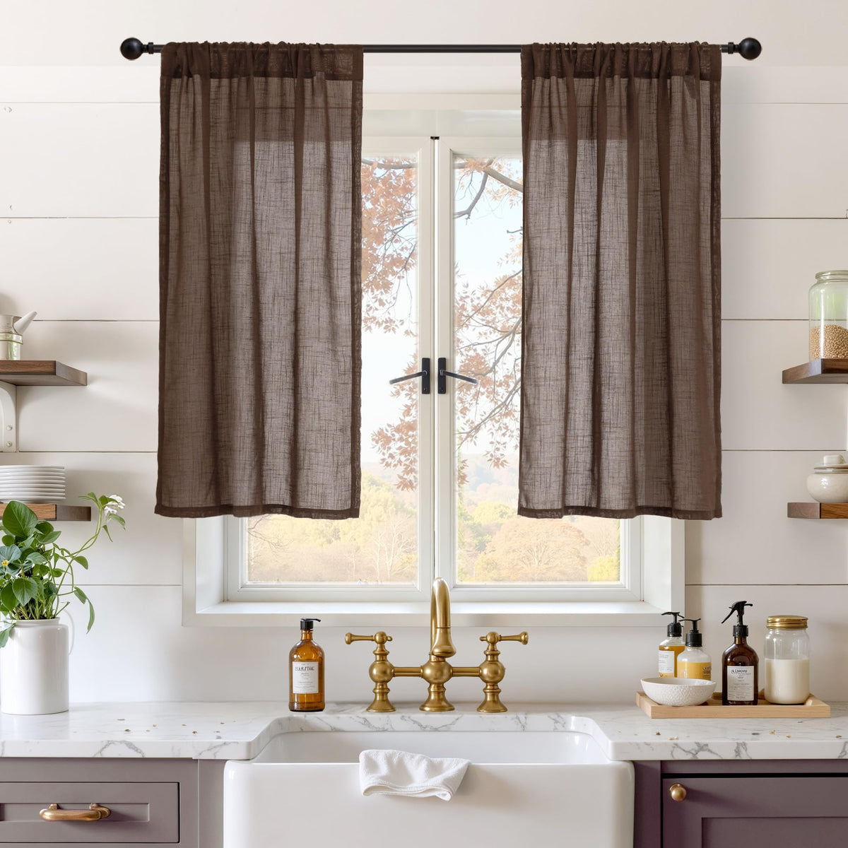 BGment Linen Kitchen Window Curtains Over Sink, 36 Inch Length Cafe Drapes