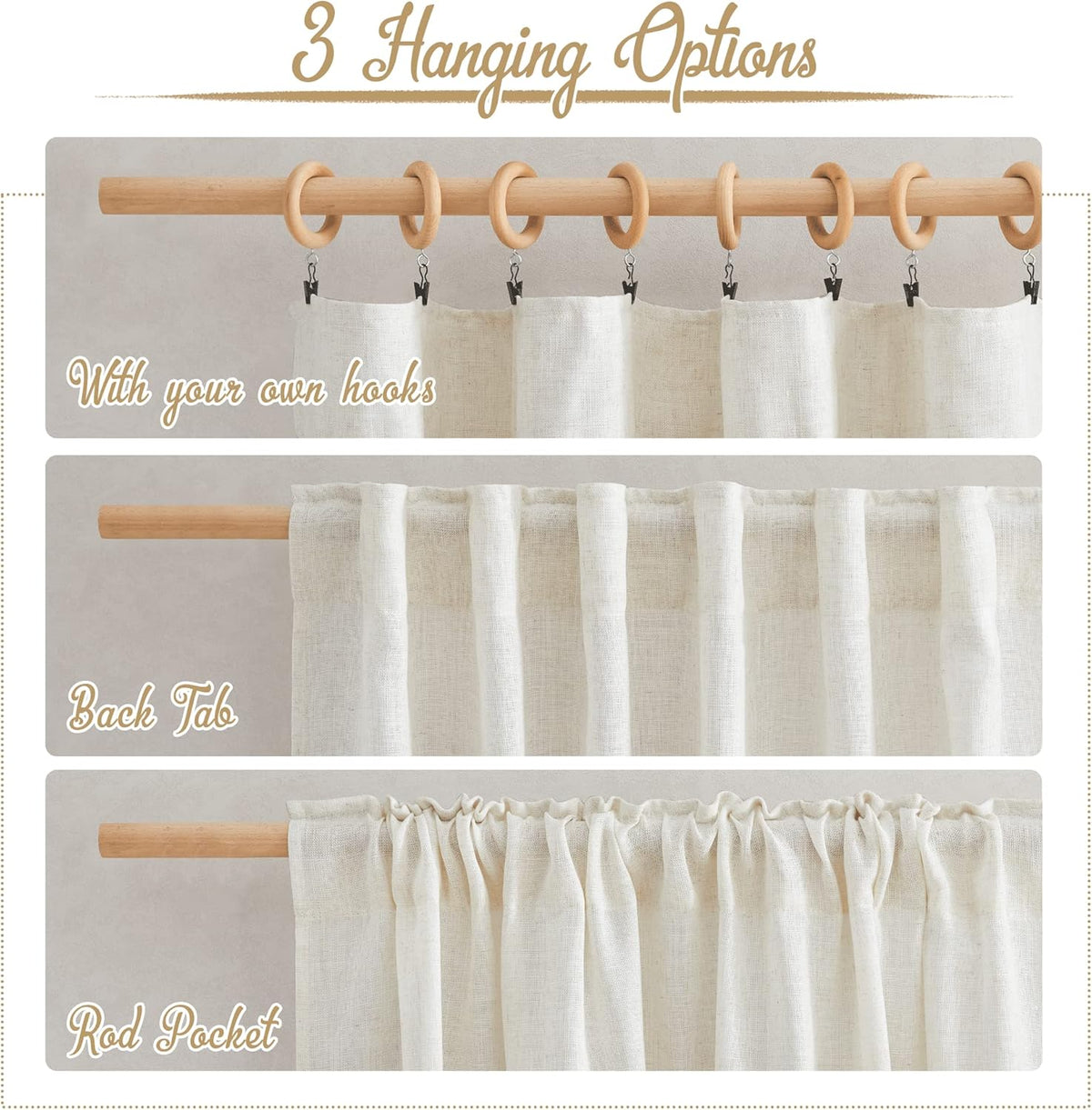 NICETOWN Natural Linen Kitchen Curtains 26 inches Long, Rod Pocket & Back Tab Semi Sheer Flax Window Treatments Rustic & Cute for Cafe/Kids Room, W37 x L26, 2 Panels