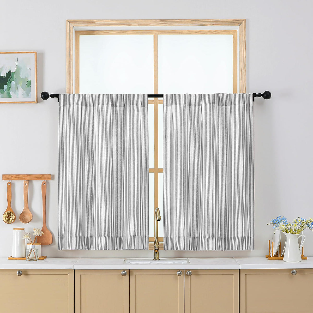 Chyhomenyc Striped Short Curtains 36 Inch Length - Light Filtering Faux Linen Living Room Tier Half Window Curtains, Farmhouse Modern Boho Curtain for Bathroom, 30Wx36L, 2 Pieces, Stone Blue