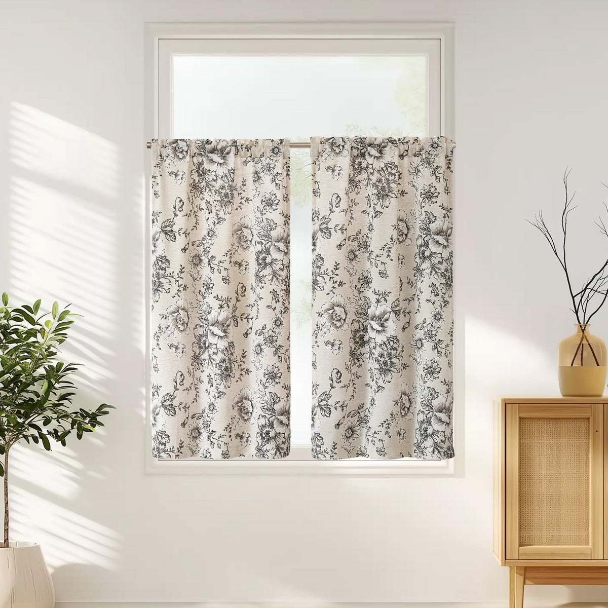jinchan Hattie Floral Linen Kitchen Tier Curtains Beige 36 in 2 Panels