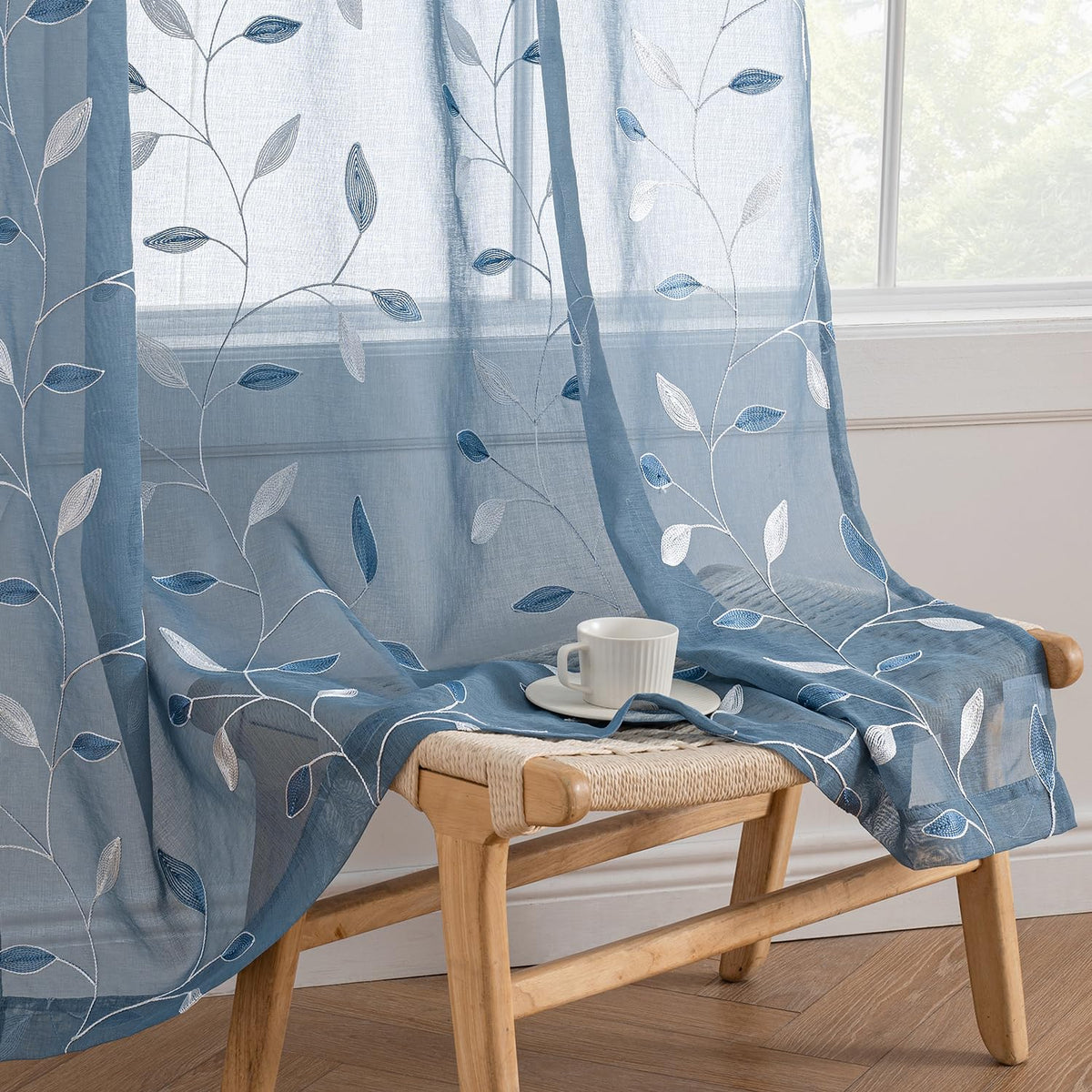 MIULEE Beige Sheer Curtains 2 Panels Embroidered Leaf Patterned, W52 x L63