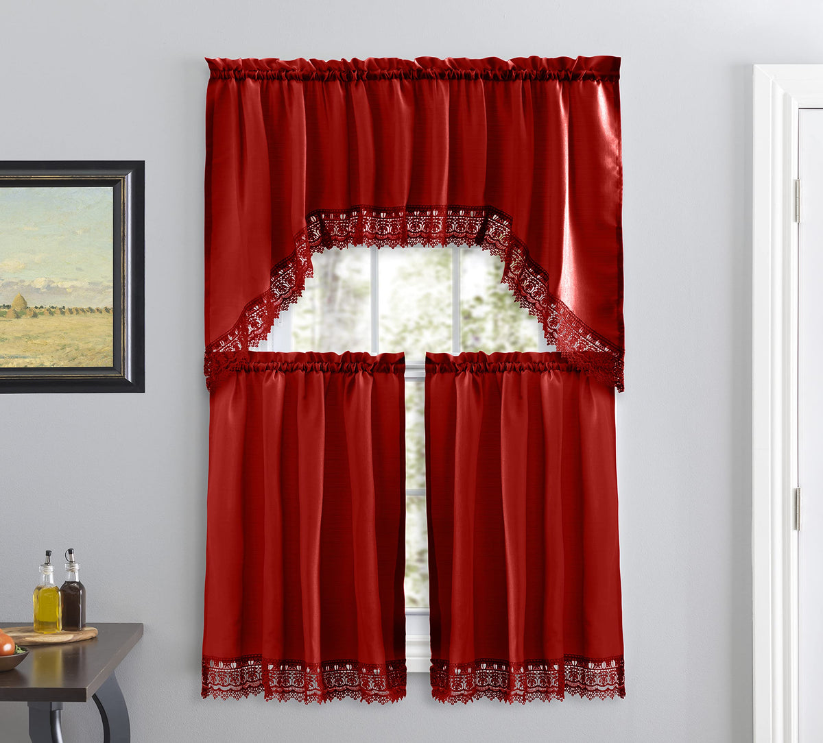 American Linen 3-Piece Kitchen Café Curtains with Embroidered Lace (White)