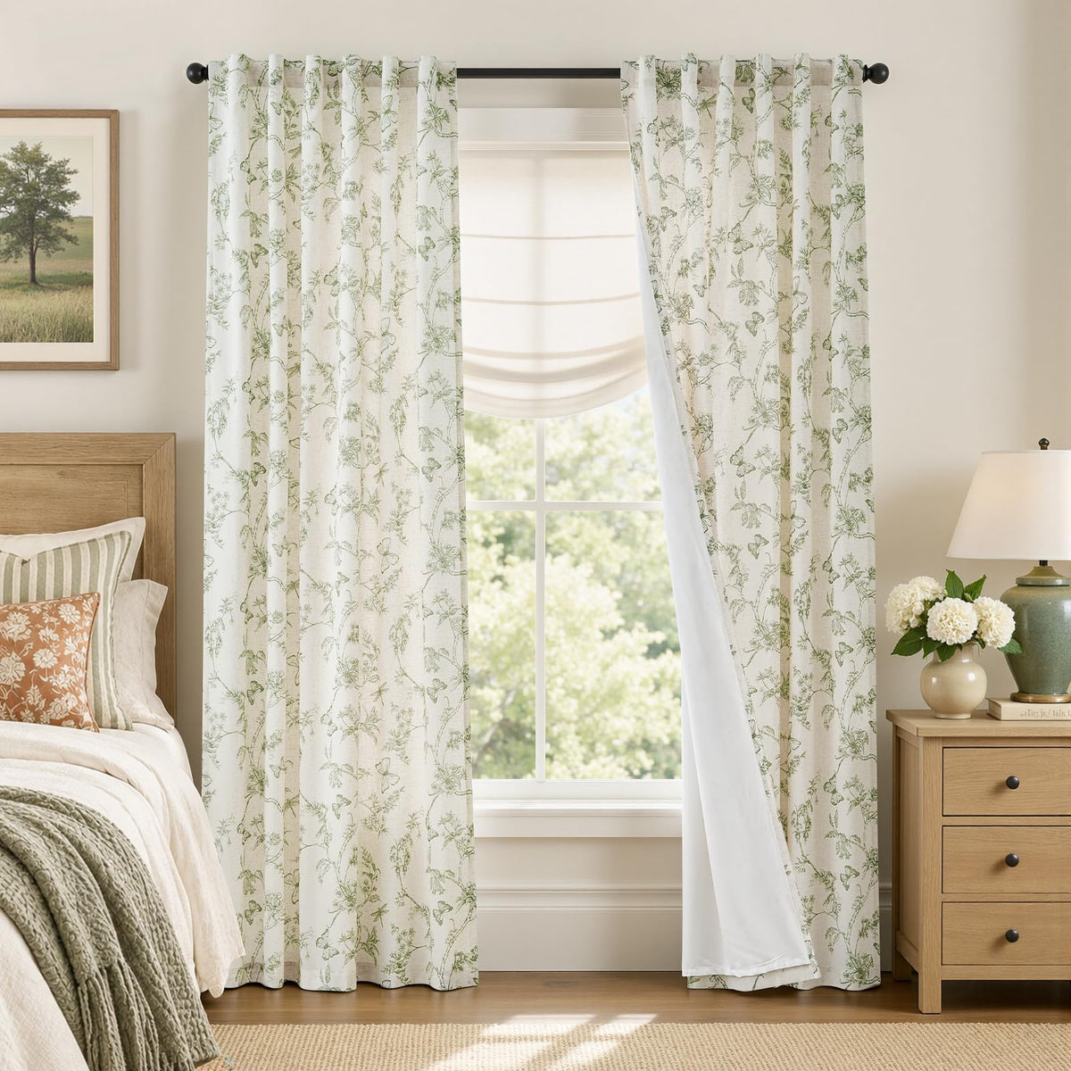 Lazzzy Green Floral Linen Curtains Farmhouse Rod Pocket 50W X 84L 2 Panels