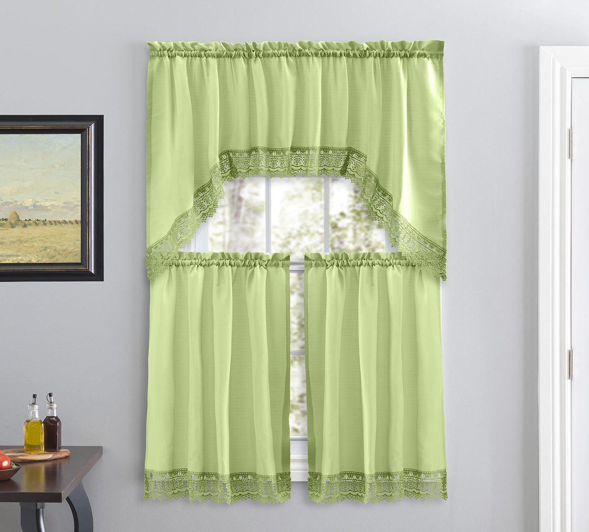 American Linen 3-Piece Kitchen Café Curtains with Embroidered Lace (White)