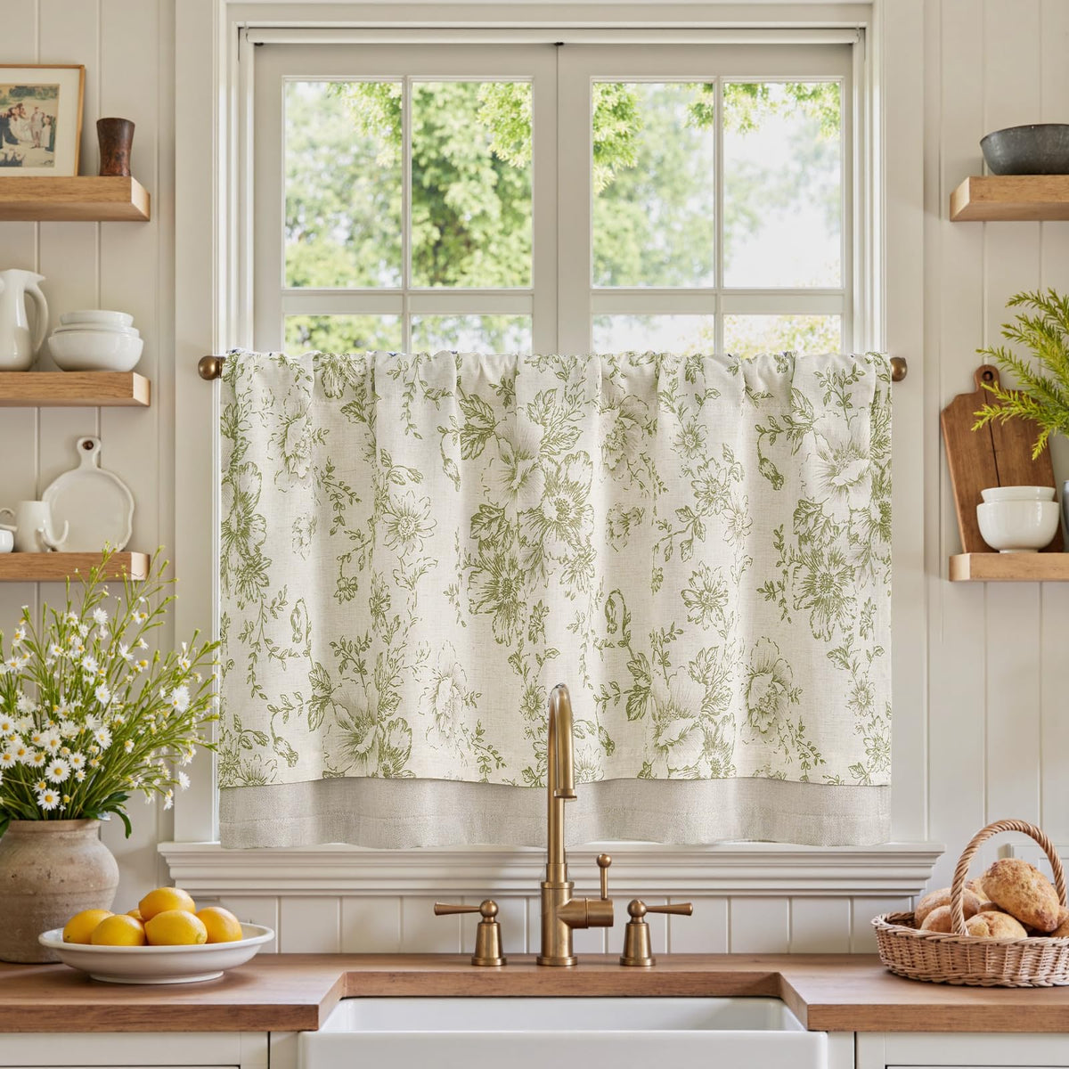 jinchan Hattie Floral Linen Kitchen Tier Curtains Beige 30 in 2 Panels