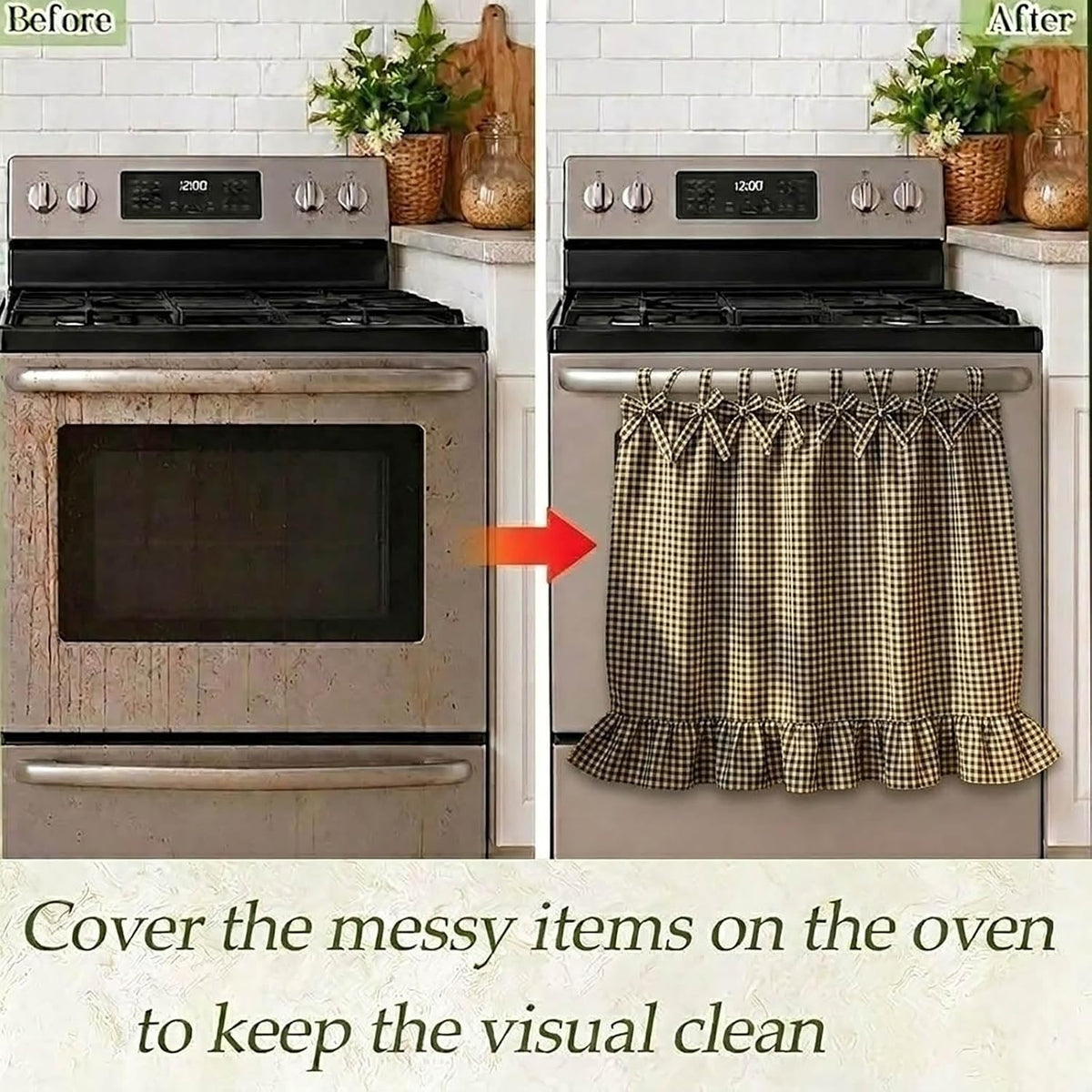 LOSOZO Oat Handmade Oven Skirt for Farmhouse Kitchen Décor, Oven Curtain Tie Top Decorative Cabinet Dish Washer Oven Curtains, Ruffled Fabric Appliance Cover with Ribbon Ties