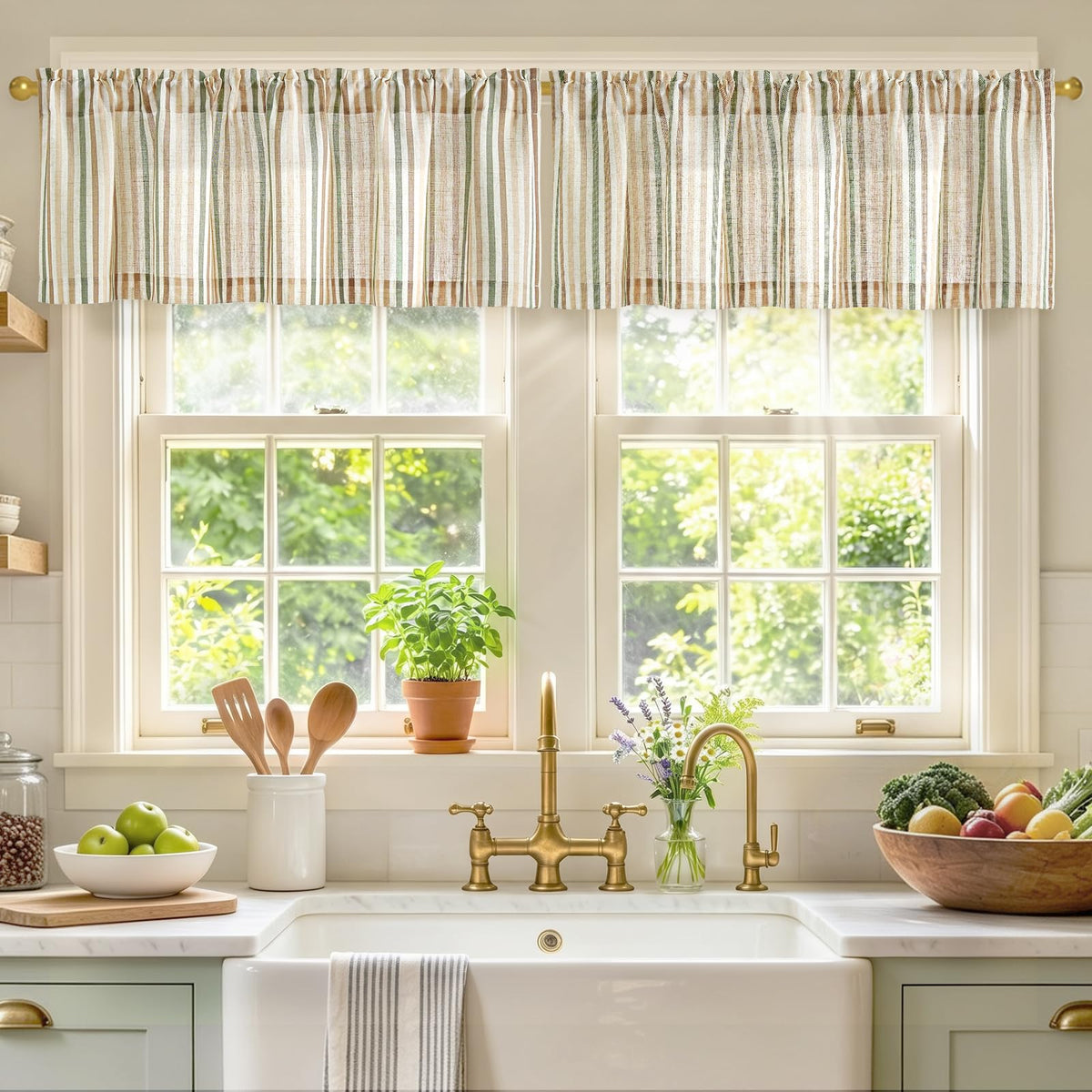 jinchan Linen Boxter Stripe Valances for Window 16 inch,Sage Green,1 Panel