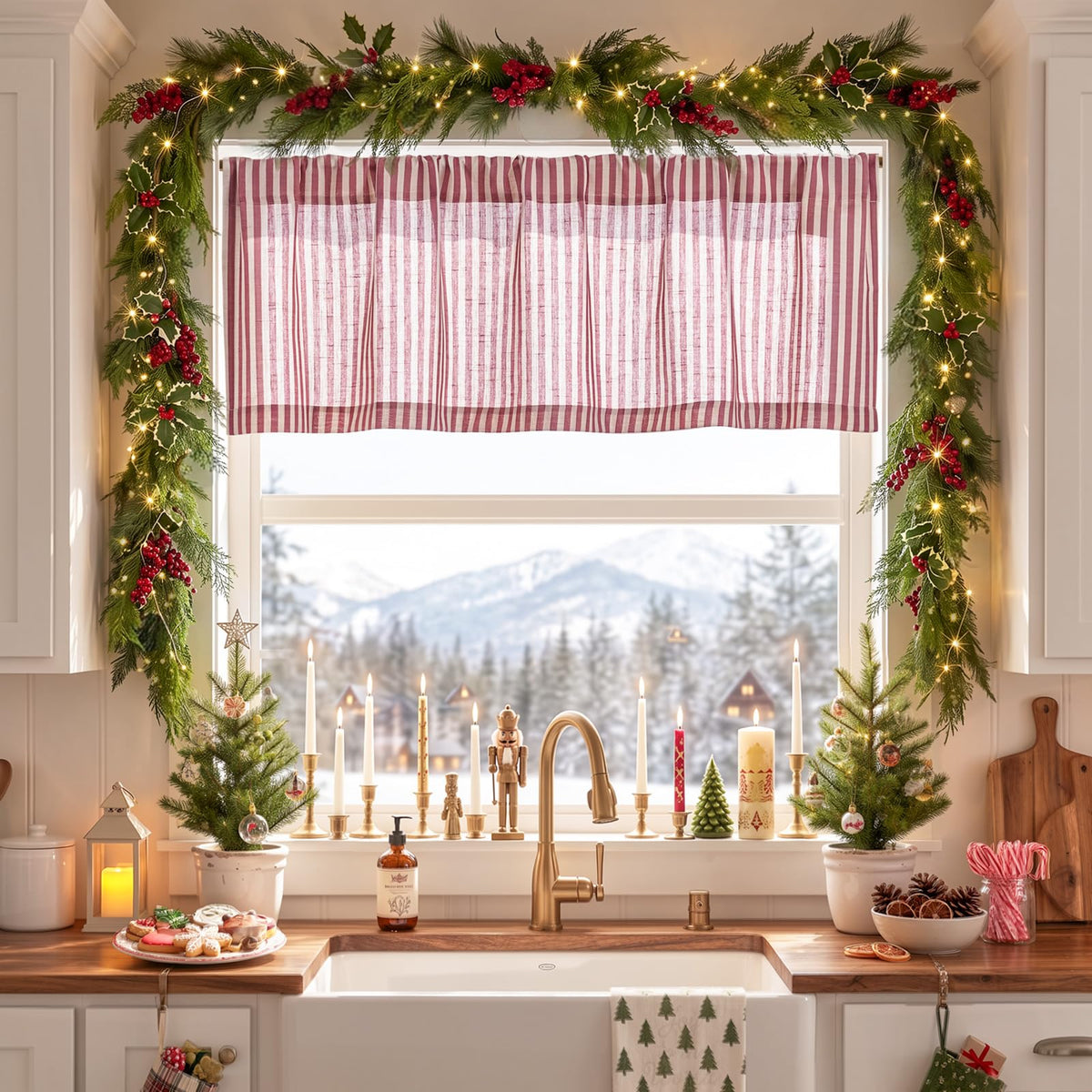 jinchan Linen Boxter Stripe Valances for Window 16 inch,Sage Green,1 Panel