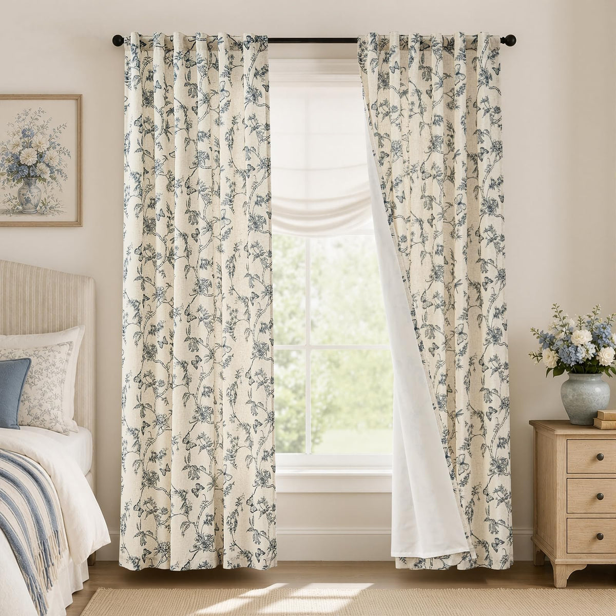 Lazzzy Green Floral Linen Curtains Farmhouse Rod Pocket 50W X 84L 2 Panels