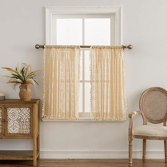 YJ YANJUN Boho Lace Curtains 36 inch Length 2 Panels, Vintage Floral Crochet Sheer Panels with Tassel for Laundry Room Basement Short Bohemian Kitchen Window Curtains Over Sink Beige W59 x L36