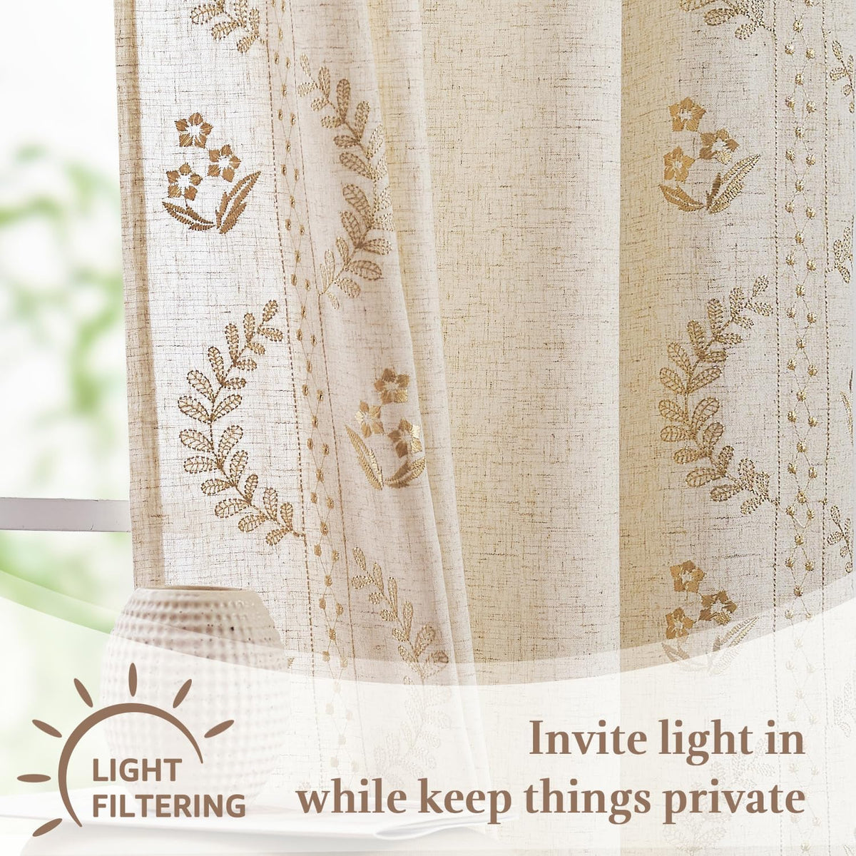 jinchan Beige Floral Linen Kitchen Tier Curtains 50x54 Inch 2 Panels