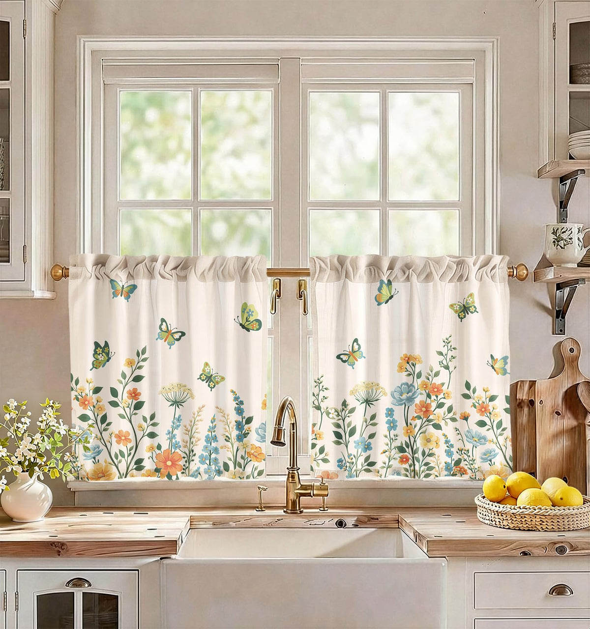 Miss Adola 36 Inch Length Kitchen Tier Curtains, Floral Cat