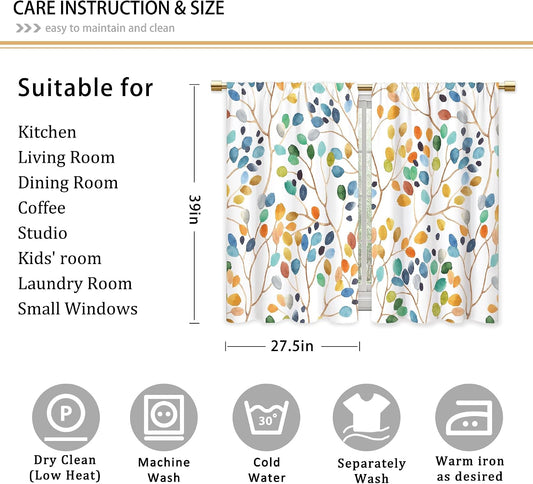 Colorful Leaves Kitchen Curtains Boho Botanical Bathroom Curtains Window Treatment Drapes Tier Flower Floral Cafe Small Bedroom Short French Door Curtains Rod Pocket 2 Panels 27.5x39 Inch