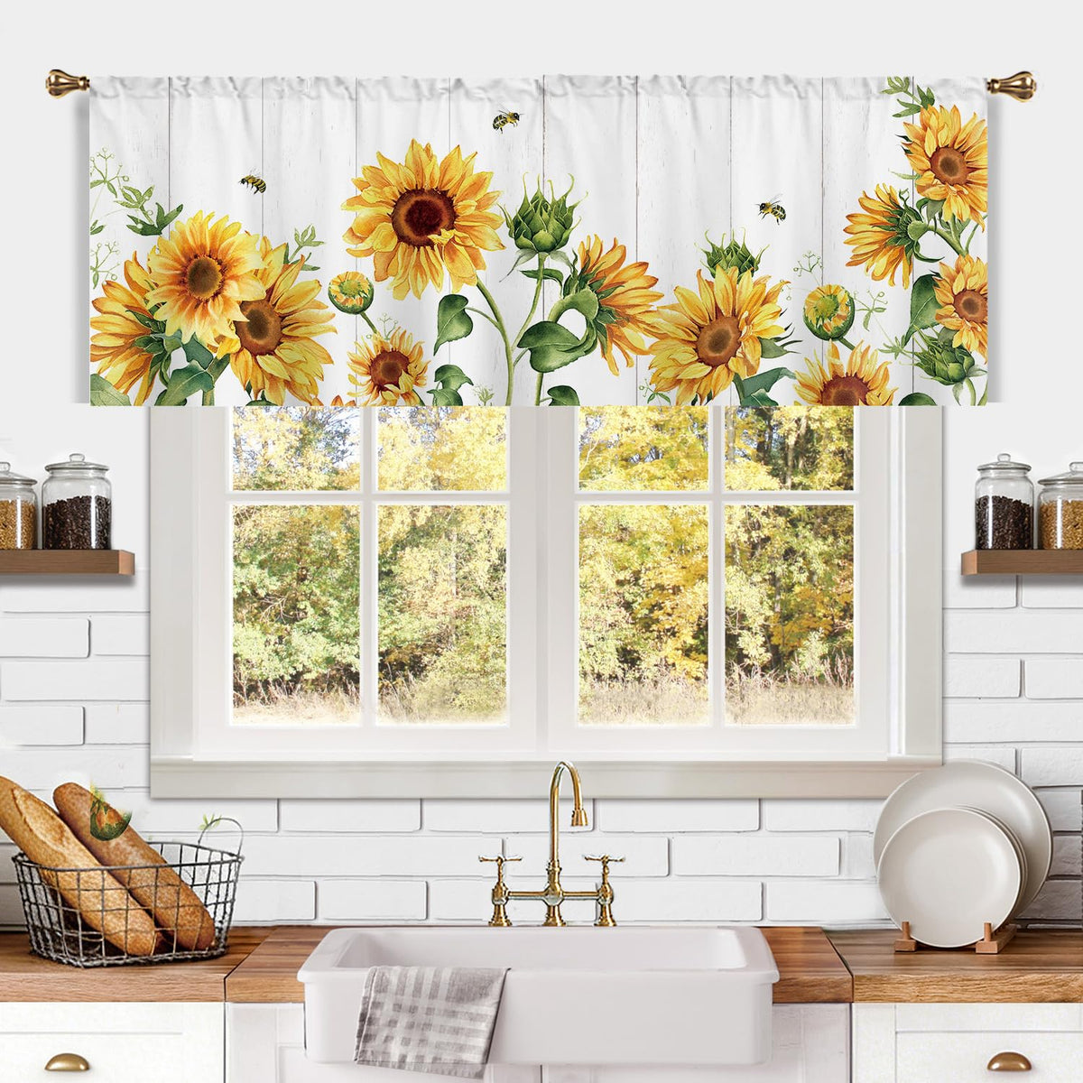 Farmhouse Sunflower Kitchen Curtain Rustic Small Short Cafe Window Curtains Country Wooden Barn Inspirational Bathroom Window Drapes Treatment Tier Curtains 2 Panels (27.5x39 Inch)