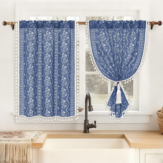 Yinhua Boho Kitchen Curtains 36 Inch Length Vintage Linen Cafe Curtains Light Filtering Bohemian Floral Tier Rod Pocket Farmhouse Rustic Tassel Small Drapes with Tiebacks, 2 Panels, Blue