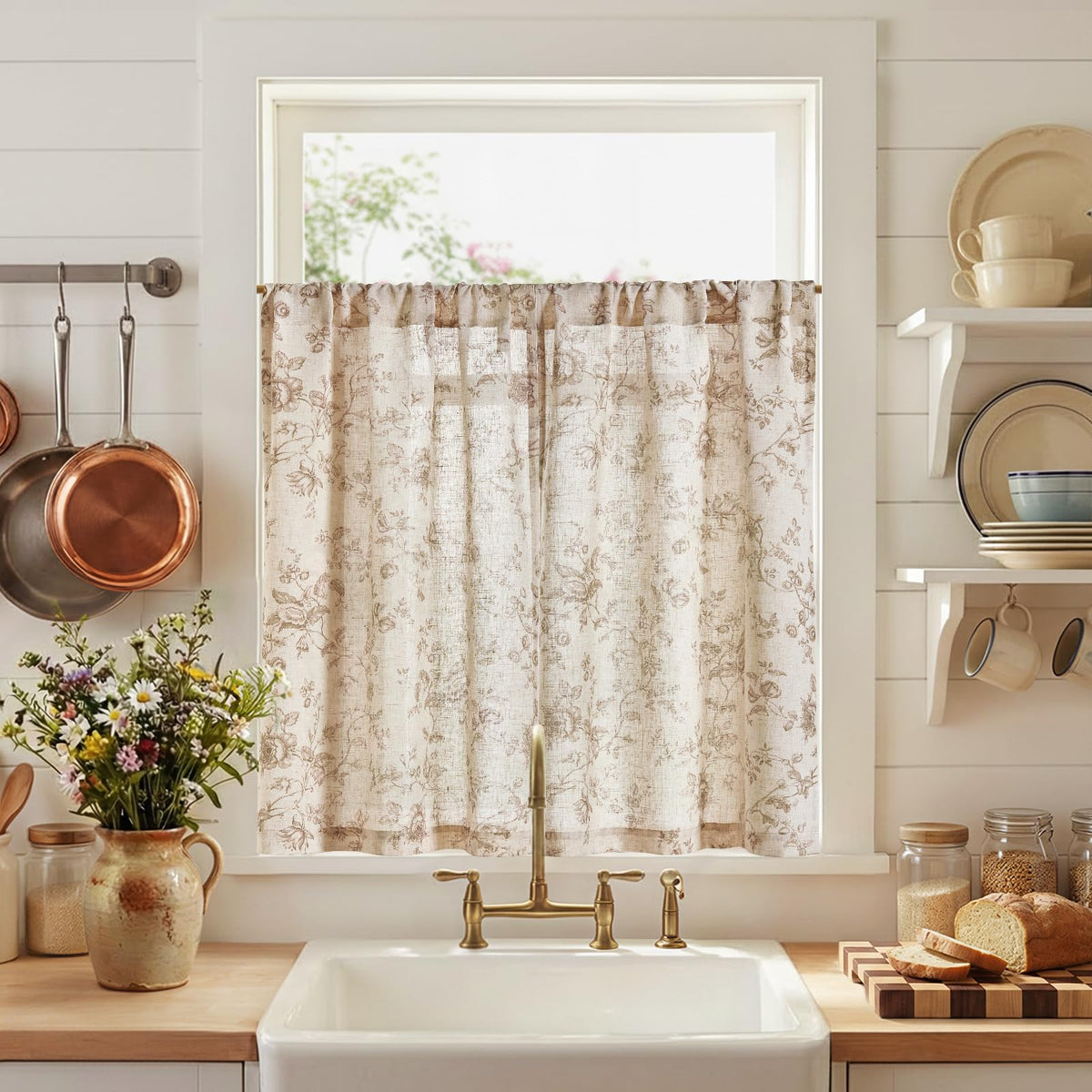 jinchan Floral Linen Kitchen Tier Curtains, 36 Inch, 2 Panels, Taupe