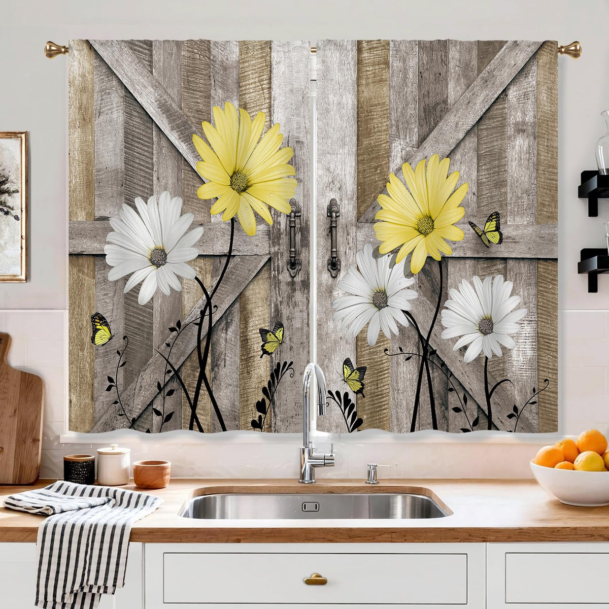Farmhouse Sunflower Kitchen Curtain Rustic Small Short Cafe Window Curtains Country Wooden Barn Inspirational Bathroom Window Drapes Treatment Tier Curtains 2 Panels (27.5x39 Inch)
