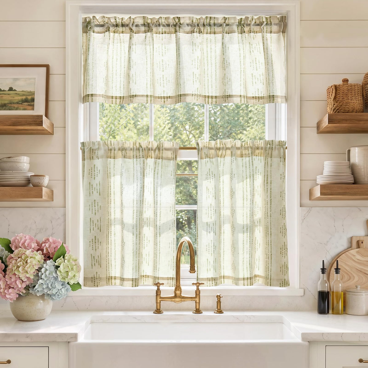 jinchan Sage Green Linen Kitchen Curtains and Valance Set Rod Pocket
